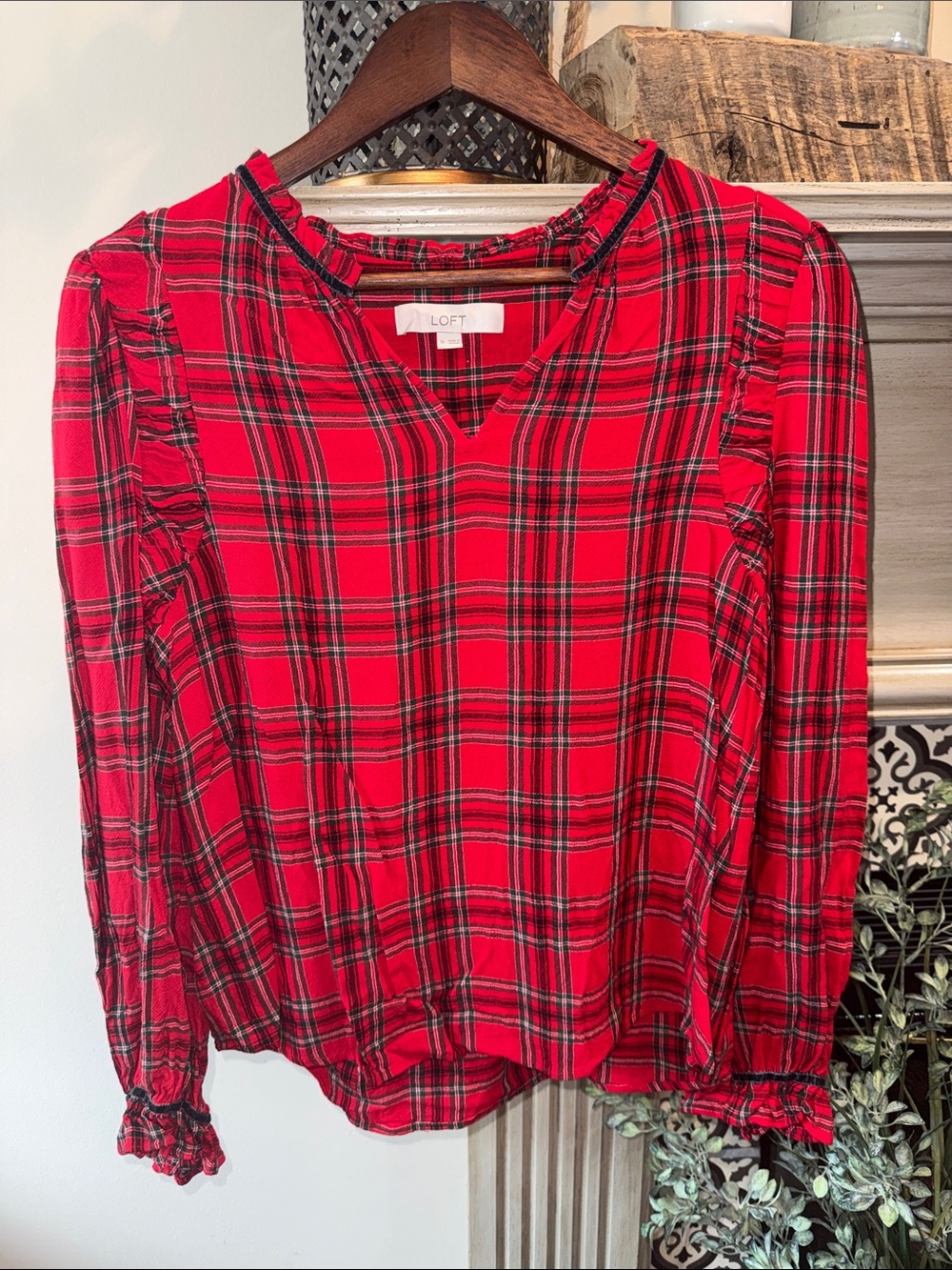 LOFT Red Plaid V-Neck Ruffle Trim Blouse